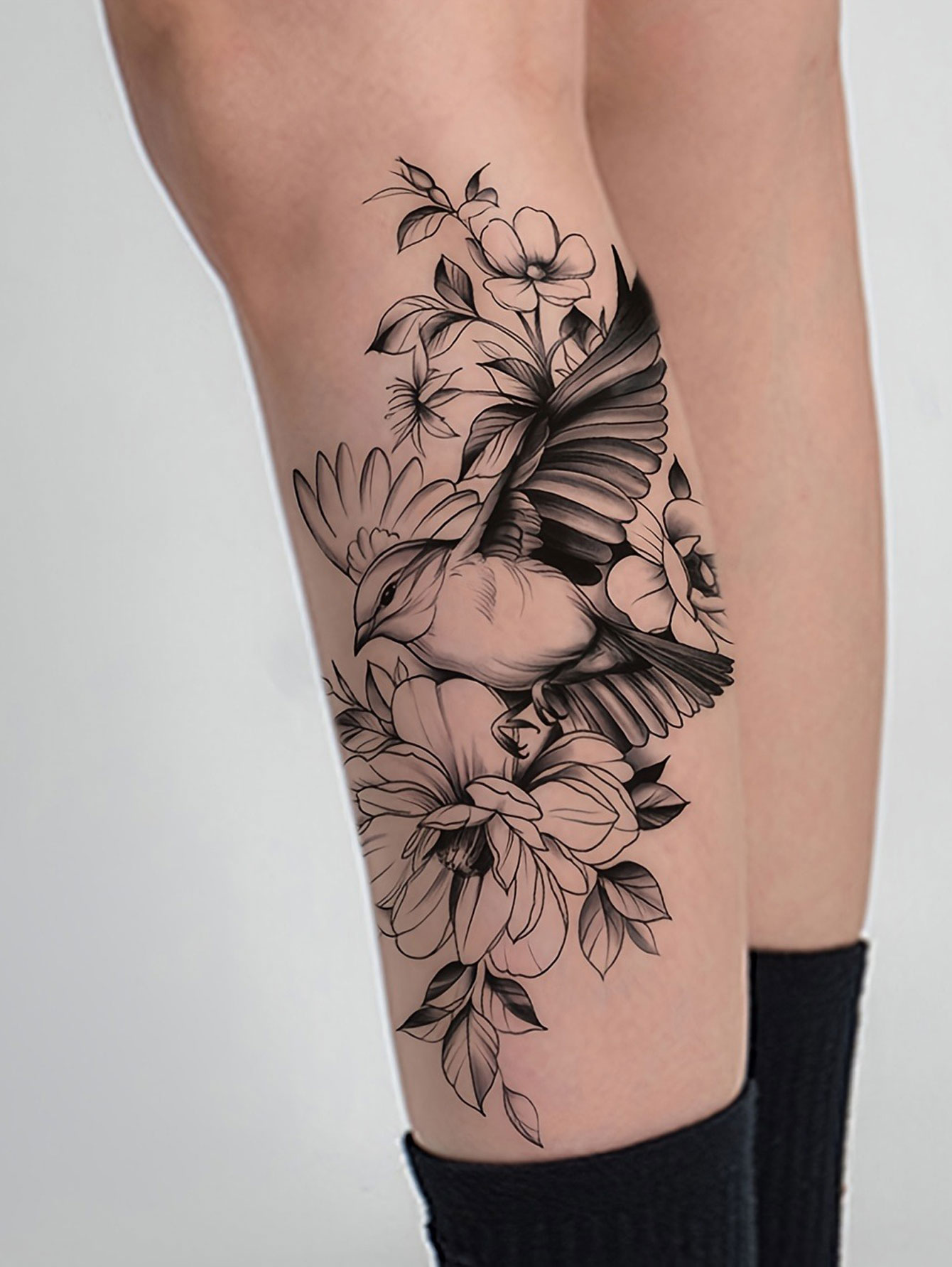 Fashionable Bird and Flower Tattoo Sticker Design